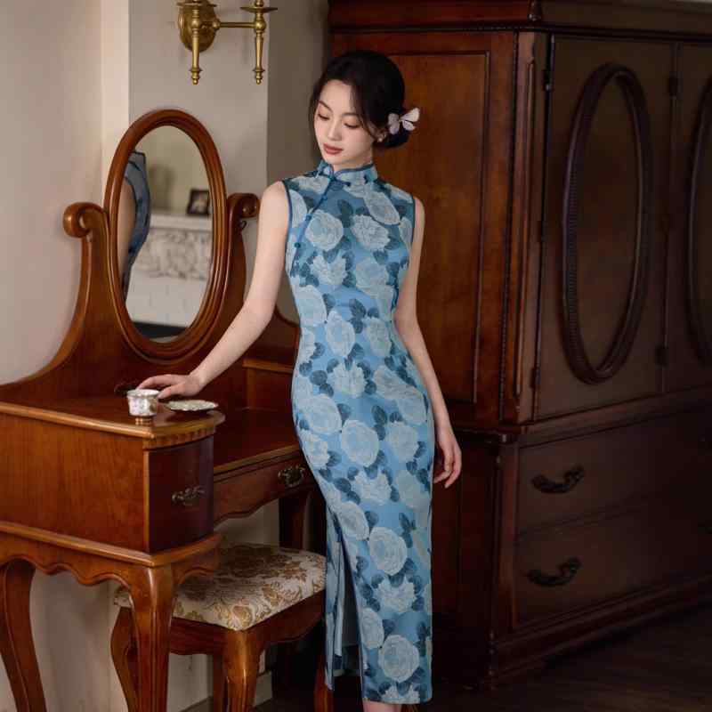 チャイナドレス ノースリーブ スタイリッシュ レディース 春夏 銅アンモニア風 ジャガード織 レトロ 復..