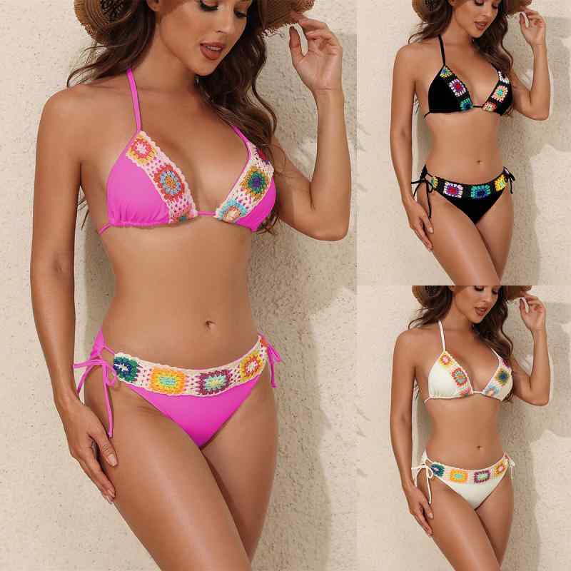 水着 レディース セパレート ビキニ スイムウェア レトロ 三角 無袖 競泳用 練習用 接触冷感 伸縮性 ブラック ピンク系