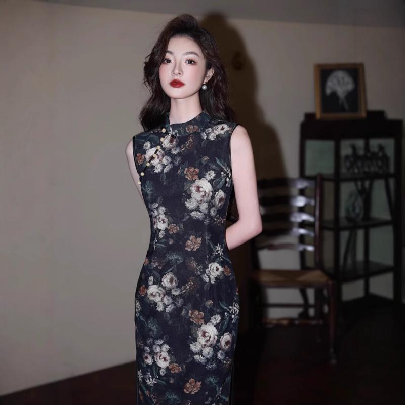 チャイナドレス ノースリーブ スタイリッシュ レディース 中国風 新チャイナ風 向け 少女 ガールズ レトロ 復古調 スリム タイト オールド 古き良き 夏 夏物