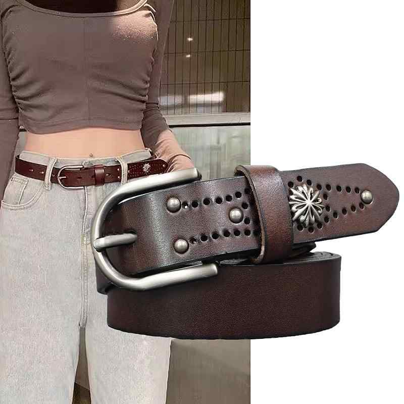 ベルト レディース 女性用 本牛革 牛革 シンプル 万能 韓国 おしゃれ スタッズ飾り 鋲飾り レトロ ヴィンテージ ベルト ウエストベルト ジーンズ デニムパンツ