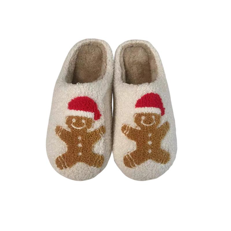ルームシューズ レディース 女性用 ジンジャーブレッドマン柄 秋冬 コットン 綿 もこもこ ふわふわ ボ..