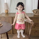キッズ 女の子 ベビー 子供服 セットアップ ノースリーブ キャミソール ショートパンツ 半ズボン かわいい リボン キャラクター柄 薄手 軽量 綿 コットン ピンク パープル イエロー 春夏