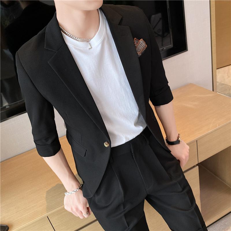 セットアップ メンズ 半袖 テーラードジャケット スリム スラックス 韓国風 カジュアル 薄手 普段使い シワになりにくい 綿混 アセテート ノッチドラペル 春夏 上下セット