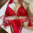 ビキニ レディース セクシー スリーピース ローライズ 背中開き セパレート水着 欧米風 無地 カップ付き ノンワイヤー ポリエステル レッド