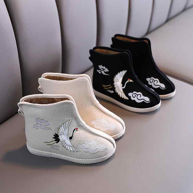 シューズ キッズ 子供用 男女兼用 暖か 防寒 綿素材 刺繍 鶴柄 中国風 古典柄 ルームシューズ 室内履き..