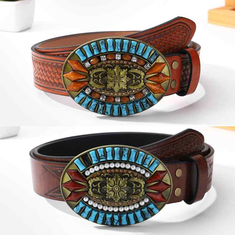 ベルト メンズ ウエスタン カウボーイ PUレザー 型押し ビッグバックル プレートバックル ヴィンテージ レトロ パンク 幅広 ストリート ヒップホップ 個性的 カジュアル 男性用 革 チョコレート ダークブラウン