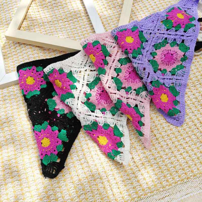 ヘッドスカーフ ニット 透かし編み 三角ターバン バンダナ フレンチレトロ ボヘミアン 春夏 ビーチ リゾート 旅行 フォト撮影 カントリー風 花柄 ヘアバンド