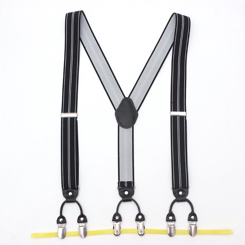 サスペンダー メンズ 男性用 ビジネス フォーマル スーツ スラックス ズボン吊り クリップ式 X型 ストライプ柄 レザー 6点留め 長さ調節可能 ブラック グレー