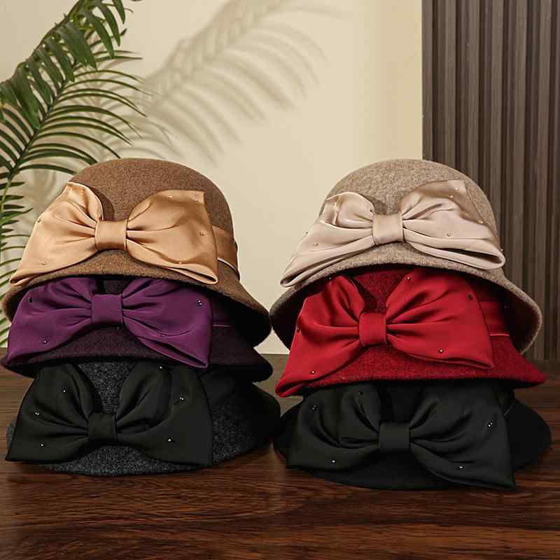 バケットハット レディース 秋冬 ウール 帽子 高級感 上品 エレガント 保温 折りたたみ 防風 ミセス シニア 女性用 ブラック ワインレッド カーキ 普段使い お出かけ 旅行 通勤 万能 リボン(4)