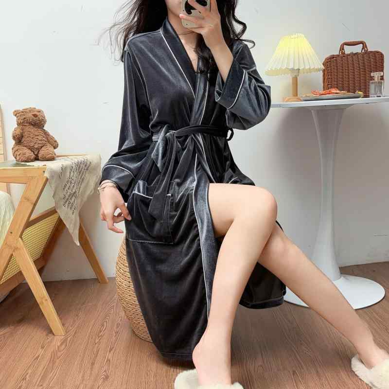 ナイトガウン レディース 秋冬 長袖 Vネック 厚手 保温 ベロア調 ゆったり 大きいサイズ セクシー エレ..