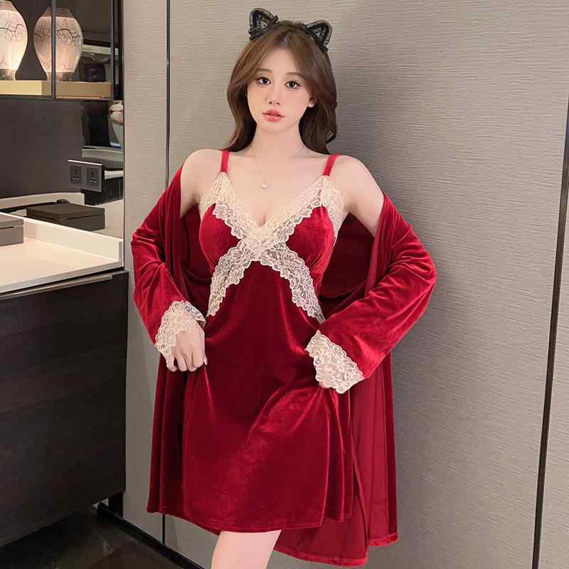 パジャマ レディース ベロア ルームウェア ナイトウェア レース スリップ ガウン セット セクシー フェミニン Vネック あったか 保温 快適 部屋着 おうち時間 秋冬