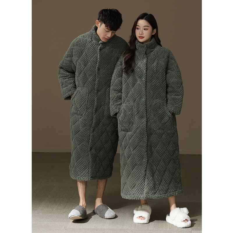 ナイトガウン レディース メンズ カップル サンゴフリース 中綿入り 三層構造 極厚 保温 あったか 冬用..