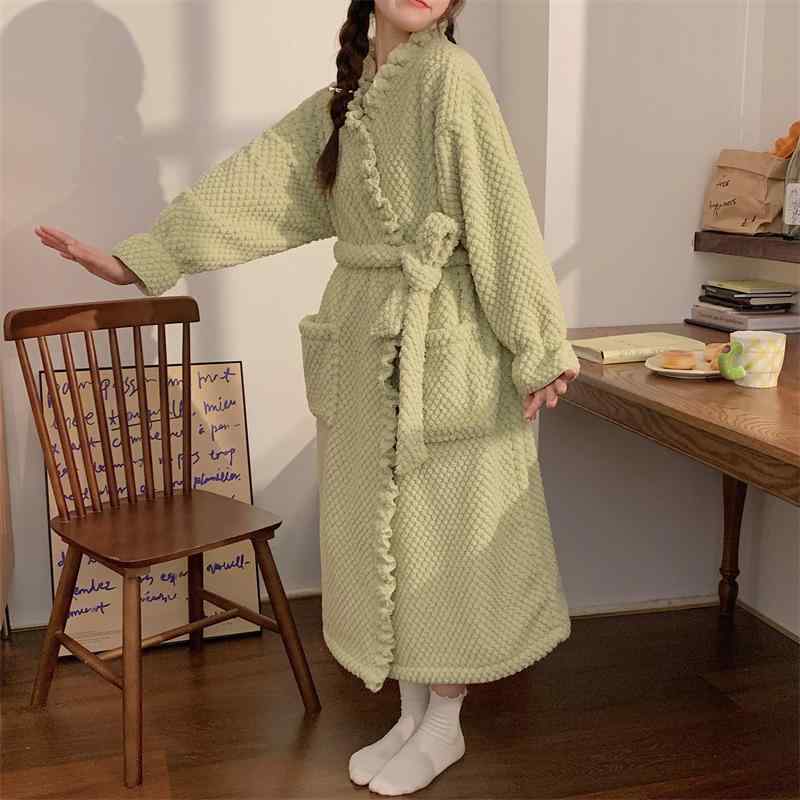 ローブ レディース 冬 かわいい ファッション 厚手 コーラルフリース ポリエステル Vネック ロング丈 ..