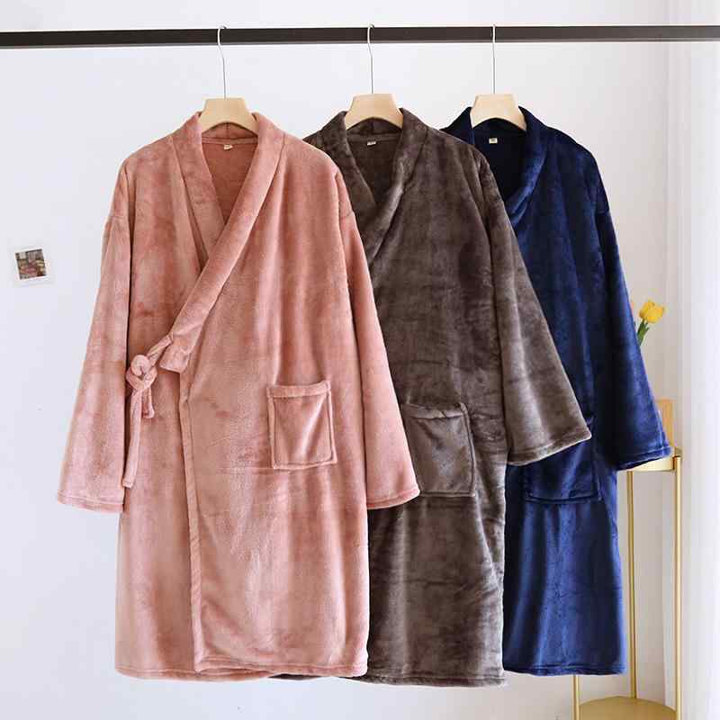 バスローブ カップル ペア 男女兼用 フランネル サンゴフリース 裏起毛 厚手 保温 Vネック 紐付き ゆっ..
