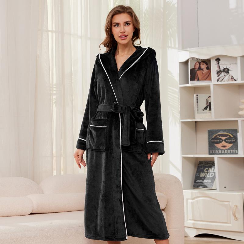 ナイトガウン レディース 女性用 フランネル 厚手 ロング丈 フード付き 保温 快適 ゆったり ルームウェ..