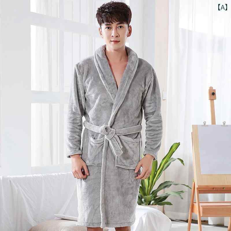 バスローブ メンズ 男性用 フランネル サンゴフリース ポリエステル 厚手 裏起毛 あったか 保温 ロング..
