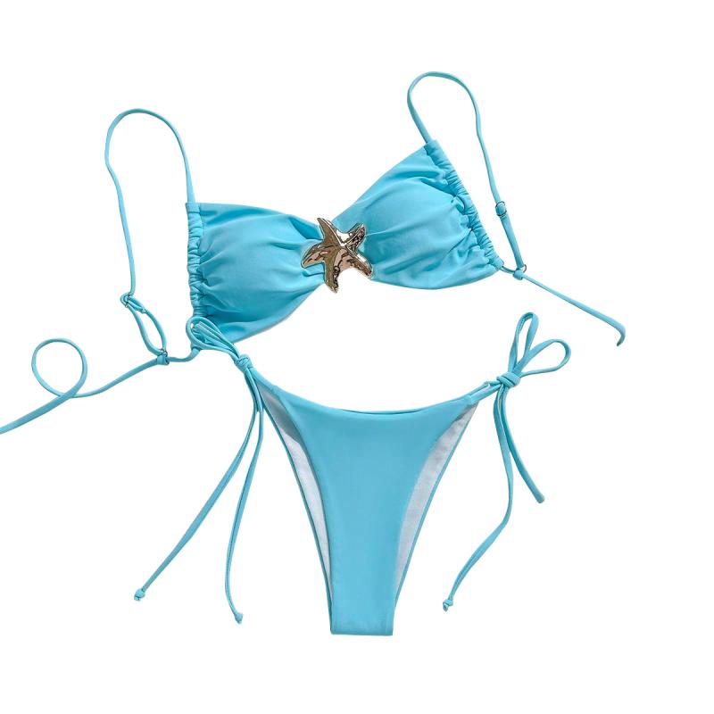 ビキニ レディース リゾート ビーチ プール 海水浴 水着 セパレート 無地 メタリック ホルターネック 大きいサイズ 体型カバー 温泉 スイミング スタイリッシュ 天藍色