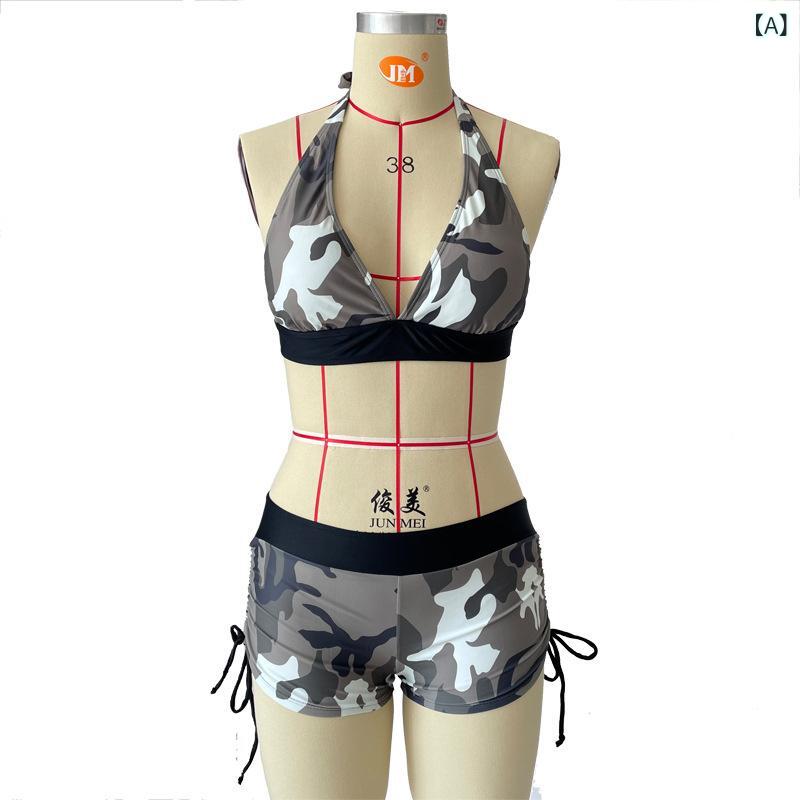 水着 レディース リゾート ビーチ プール 海水浴 ビキニ 迷彩柄 ハイウエスト セクシー スイムウェア ポリエステル 伸縮性