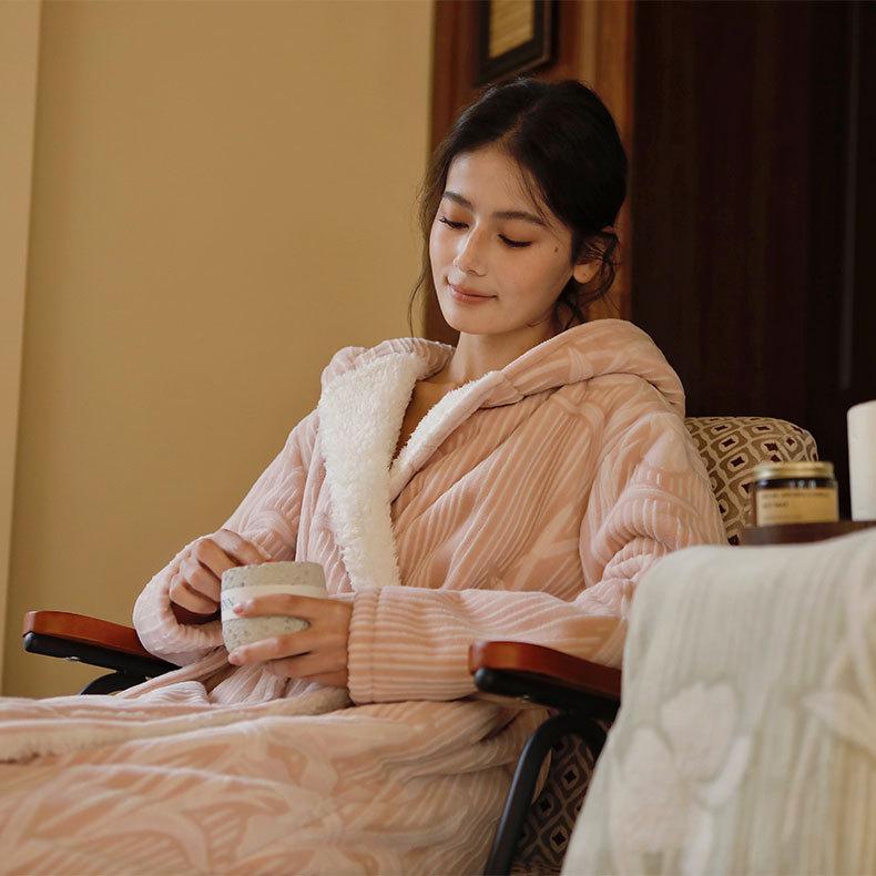 ルームウェア レディース 部屋着 バスローブ ガウン フード付きパーカー 秋冬 厚手 あったか 暖か 再生..