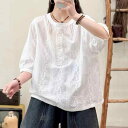 シャツ レディース トップス 刺繍 レース 半袖 コットン ラウンドネック 丸首 ゆったり 5分袖 ブラウス カットソー ホワイト ベージュ ストリート
