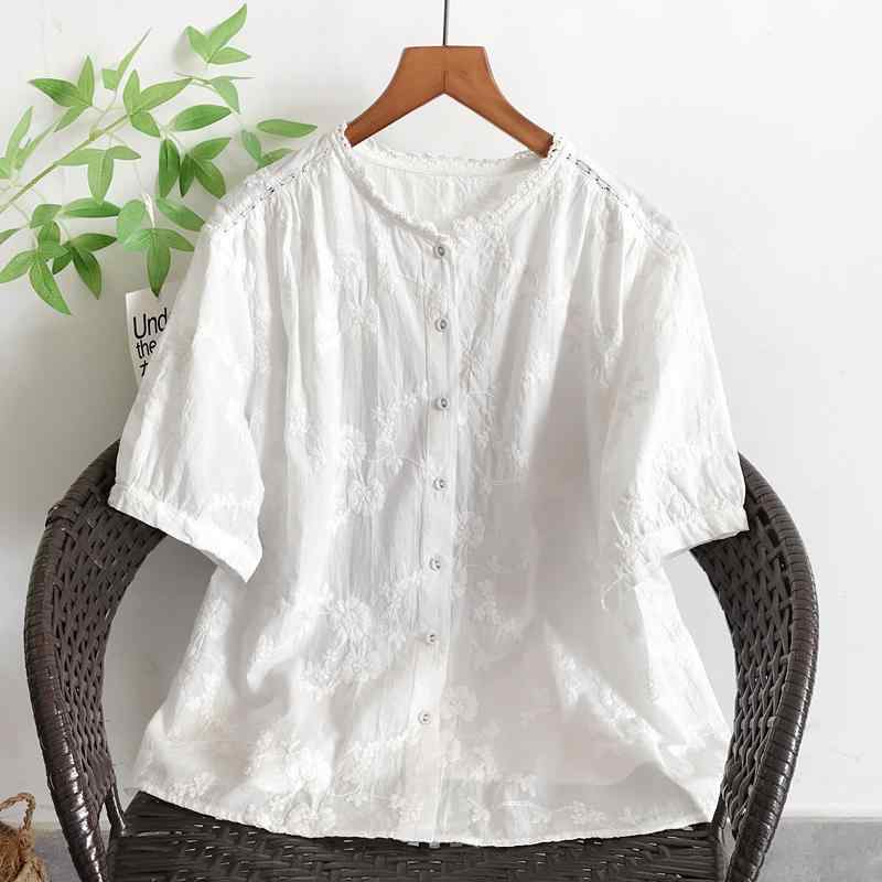 シャツ レディース 刺繍 コットン トップス ブラウス 白 オフホワイト 小花柄 丸首 半袖 ゆったり 普段使い 文芸風 レトロ