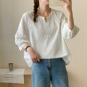 シャツ レディース Vネック 花柄 コットン 7分袖 ブラウス トップス ふんわり ゆったり かわいい きれいめ フェミニン 通勤 オフィス カジュアル