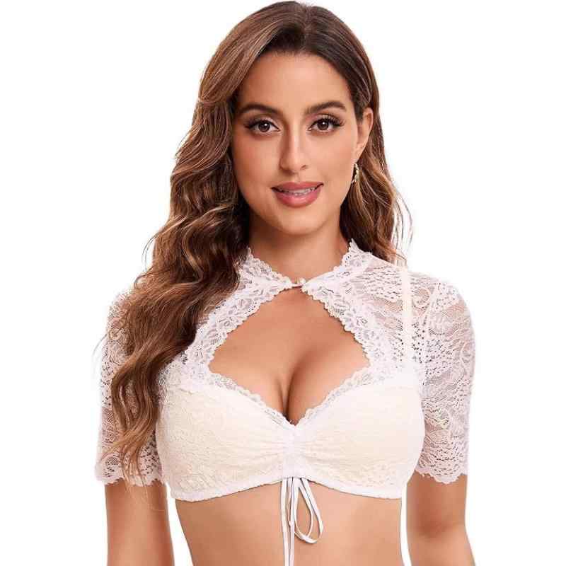 シャツ レディース ドイツ ビール祭り コスチューム 半袖 トップス ブラウス 幾何学模様 レース ポリエ..