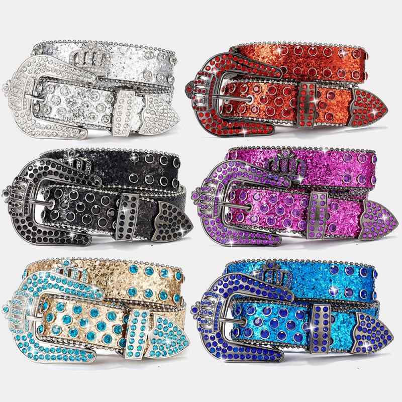 ベルト メンズ レディース ユニセックス 男女兼用 パンクロック 王冠 煌めくラインストーン スパンコール PUレザー 合金バックル ファッション小物 おしゃれ 個性的 カジュアル ストリート