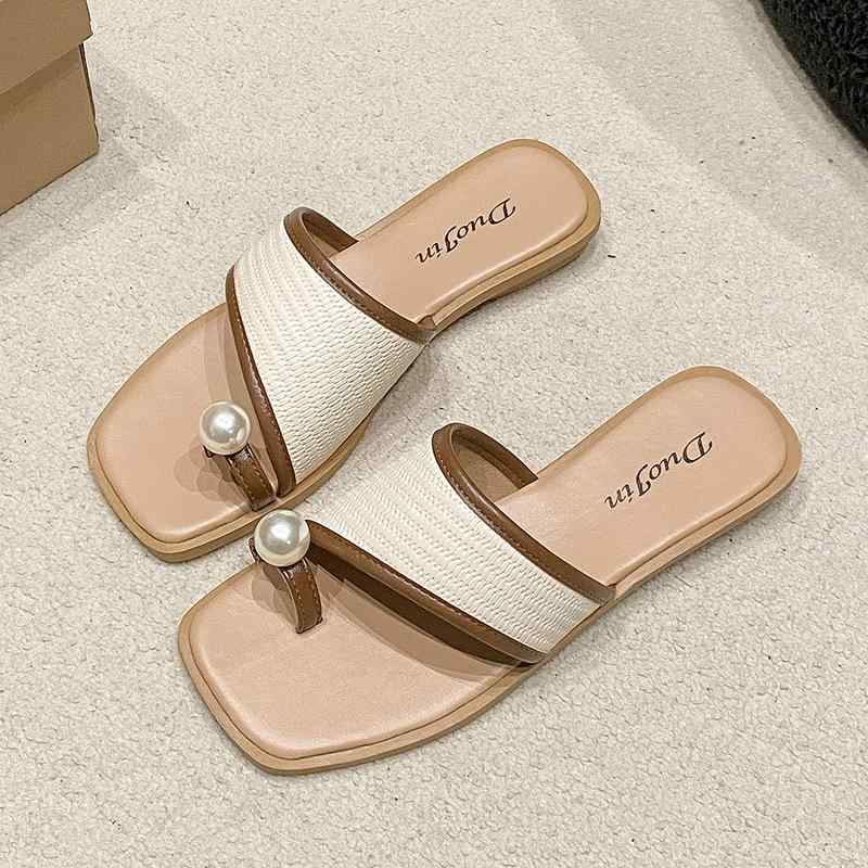 サンダル レディース パール トゥリング 編み込み フラット スクエアトゥ カジュアル 普段使い ビーチ ..