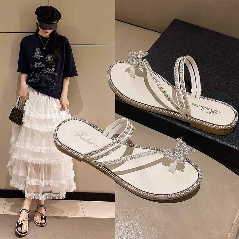 サンダル レディース フレンチスタイル フラットソール トゥリング ラインストーン リボン ビーチサン..