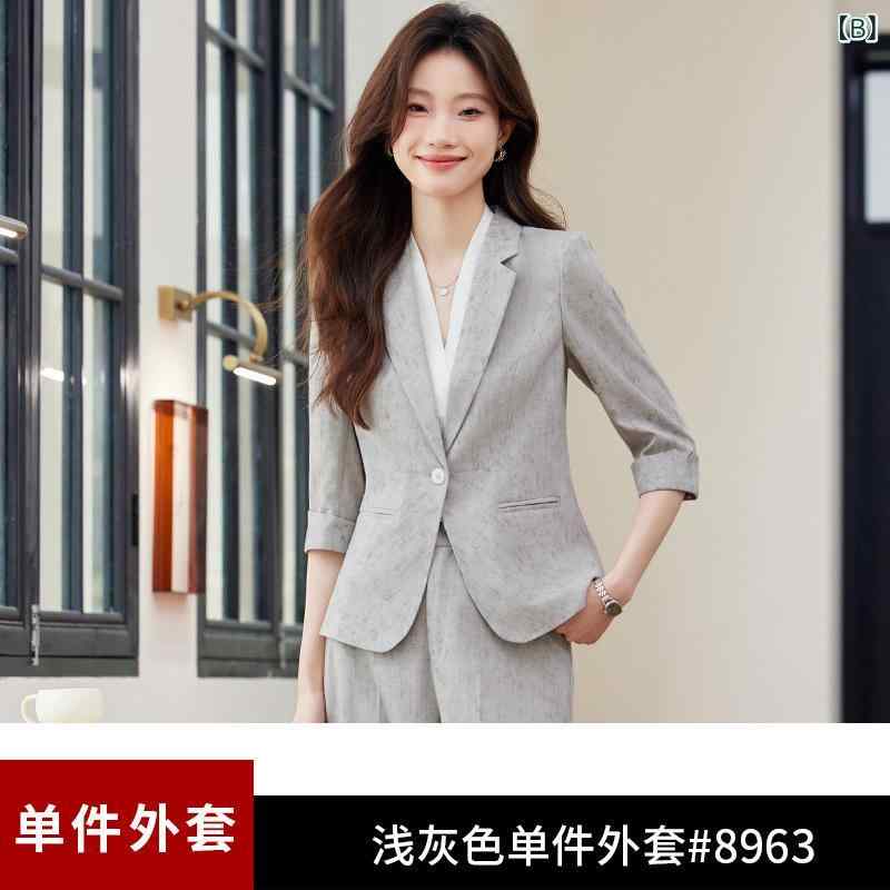 テーラードジャケット レディース セットアップ 薄手 軽量 高級感 低身長向け 通勤 ビジネス 普段使い グリーン 七分袖 スリムフィット 一つボタン シワになりにくい ポリエステル