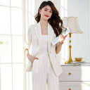 スーツ レディース アプリコット色 ジャケット 七分袖 ロングパンツ セットアップ 軽量 薄手 通気性 オフィス 通勤 ビジネス サテン生地 ポリエステル 高級...