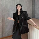 ジャケット レディース 半袖 ゆったり ルーズフィット 低身長向け アセテート サテン生地 グレー ポロ襟 シングルブレスト パフスリーブ 大人 きれいめ エレガント オフィス カジュアル