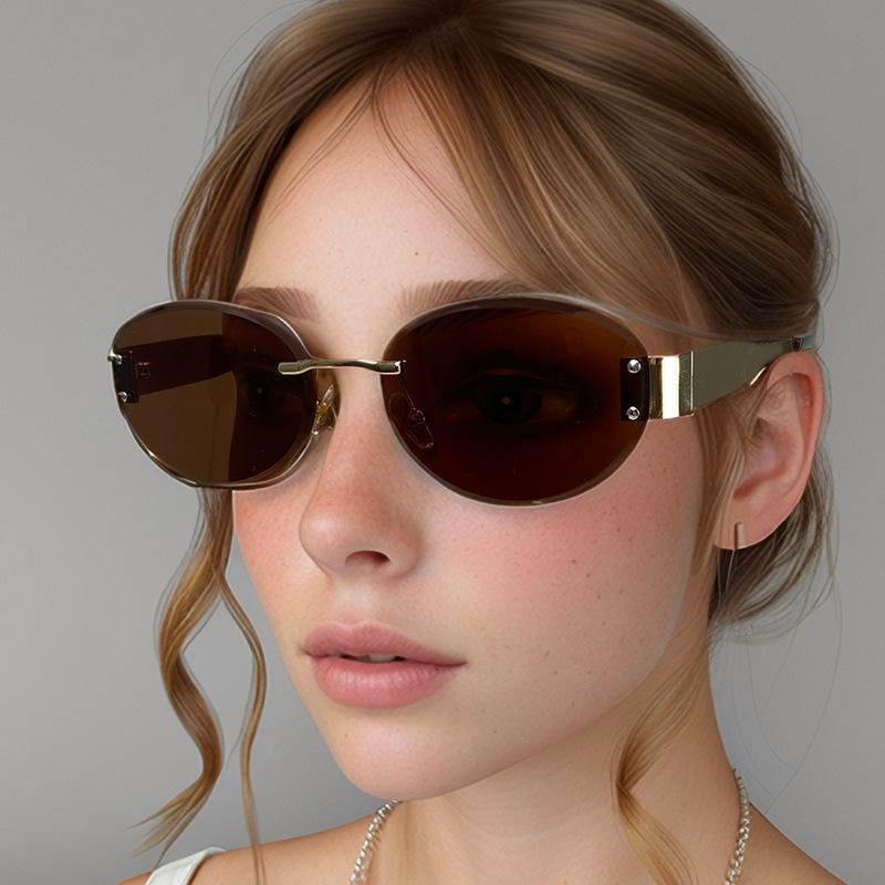 サングラス レディース オーバル リムレス 高級感 欧米風 トレンド ダイヤモンドカット ビッグフレーム UVカット 紫外線対策 PC素材 プラスチック メタル グレー ブラック 旅行 レジャー ドライブ お出かけ(4)