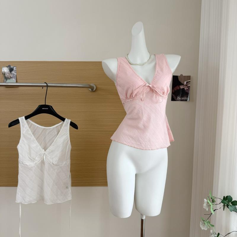 シャツ レディース Vネック ノースリーブ シアー 透け感 ショート丈 デザイン ホワイト キャミソール ..