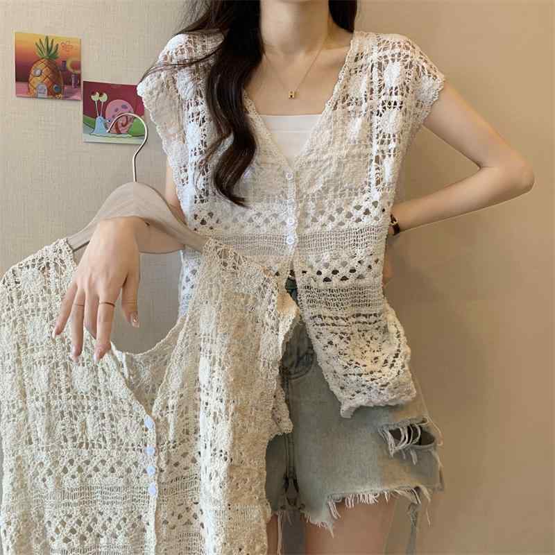 ベスト レディース クロシェ編み Vネック ノースリーブ 透かし編み デザイン性 レイヤード 夏 大人カジ..