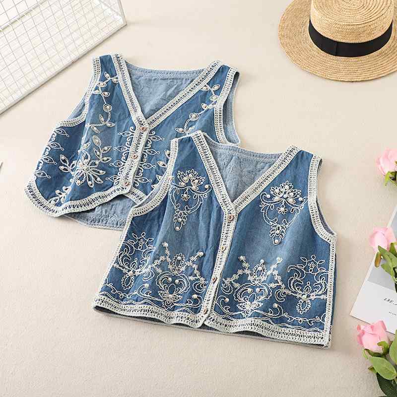 ベスト レディース パール刺繍 デニム ショート丈 Vネック ノースリーブ ジレ ゆったり オーバーサイズ..