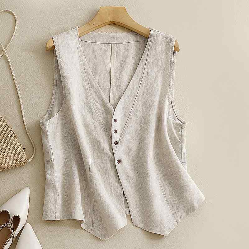 ベスト レディース ジレ ストーンウォッシュ加工 レトロ クラシック ノースリーブ ゆったり 前開き シングルボタン 綿麻 コットンリネン 無地 カジュアル トップス ブラック オレンジ カーキ ナチュラル