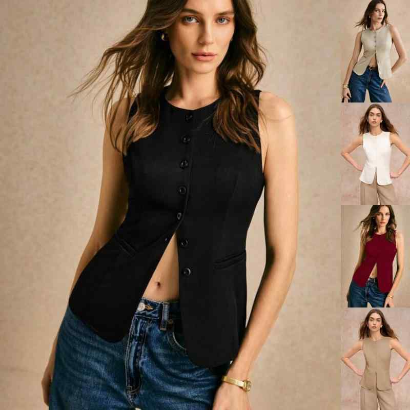ベスト レディース 通勤 カジュアル オフィス 丸首 ボタン 無地 シンプル 前開き ポリエステル 上品 きれいめ トップス 標準丈