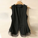 夏 ベスト レディース ジレ 小柄向け 低身長 シフォン 切り替え レイヤード 重ね着 細見え スタイルアップ 着痩せ 韓国風 羽織り ブラック ホワイト オフィス 通勤 きれいめ 大人カジュアル 薄手 ポリエステル