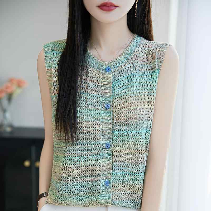 ニットベスト レディース フレンチスタイル 接触冷感 再生繊維 透かし編み ノースリーブ 開襟 クルーネ..