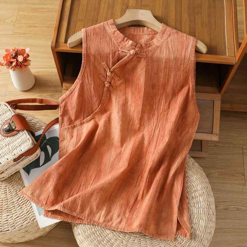 ベスト レディース 薄手 絞り染め 飾りボタン チャイナボタン 斜め合わせ コットン スタンドカラー レ..