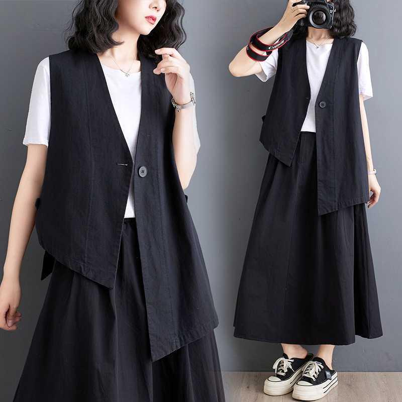 ベスト レディース レトロ 麻 リネン ノースリーブ Vネック コットンリネン ジレ ゆったり オーバーサイズ 無地 ブラック Iラインシル..