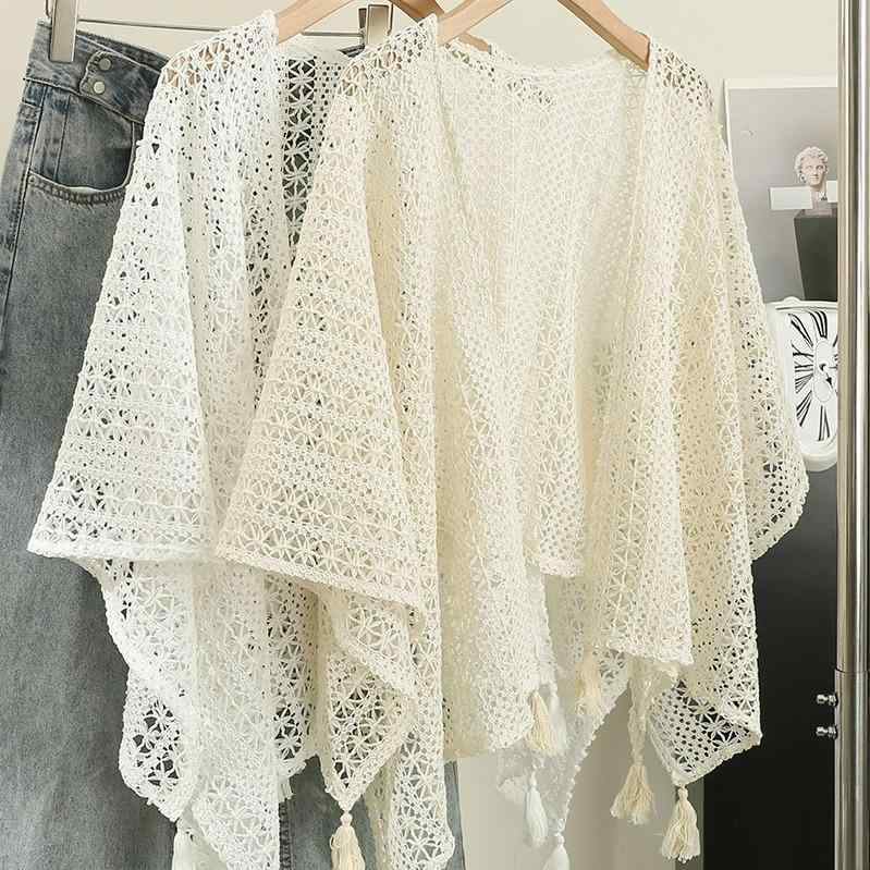 ショール レディース サマーニット 透かし編み フリンジ 民族風 無地 高級感 ケープ 羽織り 薄手 旅行 ..