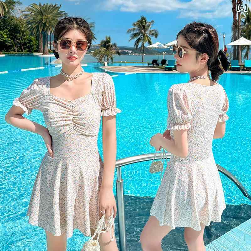 水着 レディース ワンピース スカート一体型 小花柄 体型カバー 細見え 露出控えめ 温泉 プール 旅行 リゾート スイミング ワイヤー入り 再生繊維 ポリエステル セクシー フェミニン