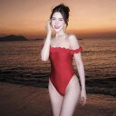 水着 レディース ワンピース オールインワン オフショルダー ベアトップ 立体フラワーモチーフ ハンドメイド セクシー 純欲スタイル 大人 上品 胸パッド付き ノンワイヤー 体型カバー ビーチ リゾート プール 旅行 レッド