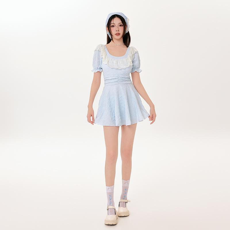 水着 レディース ワンピース スカート式 体型カバー 細見え 学生 浅藍色 無地 競泳 練習用 ポリエステル スイミング