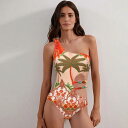 水着 レディース ワンピース水着 体型カバー ビーチウェア 背中開き セクシー 小花柄 オレンジ系 ココナッツ柄 S M L XL