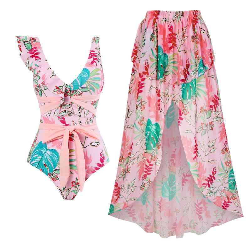 水着 レディース ワンピース スカート付き 体型カバー 痩せて見える セクシー スイムウェア 花柄 高弾性 接触冷感 ピンク系 ブルー系 S M L XL