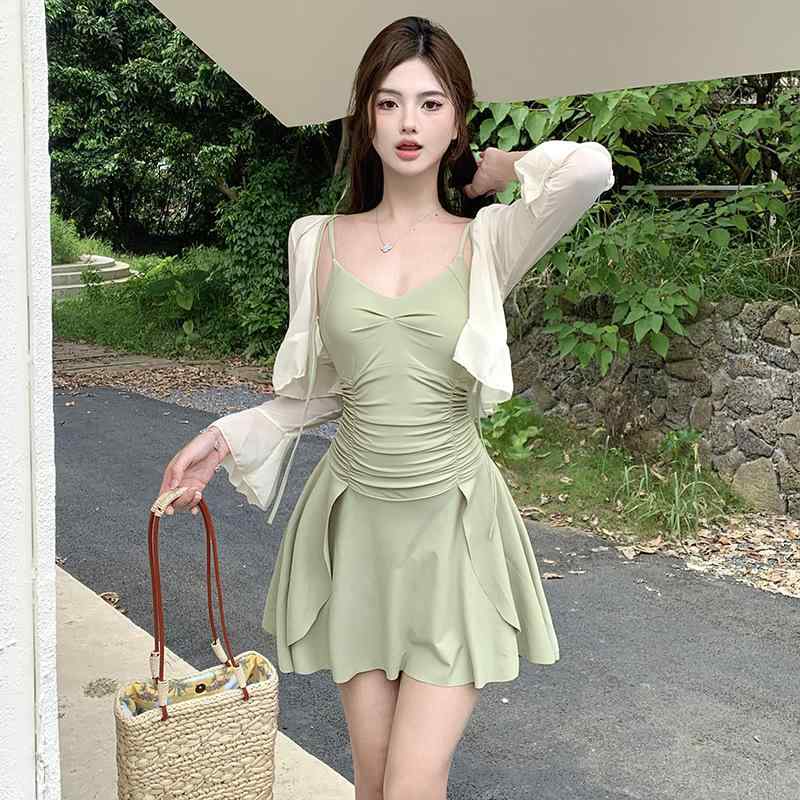 水着 レディース ワンピース 長袖 体型カバー 痩せ見え ウエストシェイプ 無地 グリーン 体系カバー 伸縮性 スイムウェア 海水浴 プール